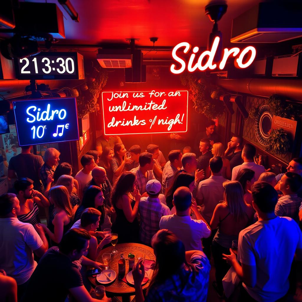 A vibrant nightlife scene in a café named 'Sidro', showcasing a lively party atmosphere