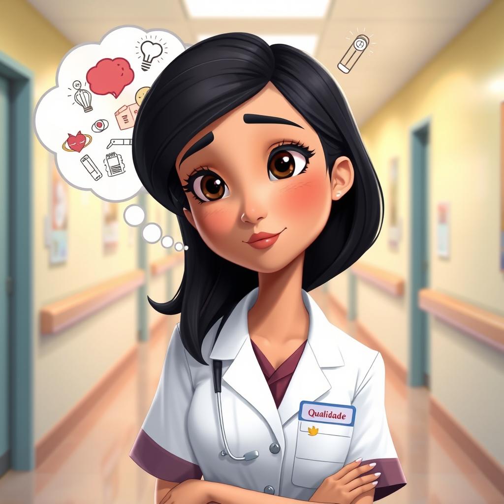 A Pixar-inspired illustration of a thoughtful nurse with a name badge reading "Qualidade"