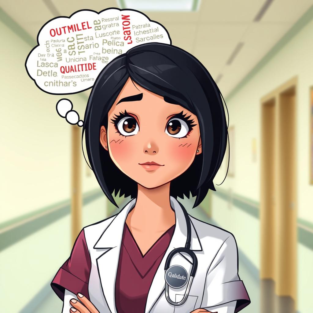 A Pixar-inspired illustration of a nurse with a thoughtful expression, showcasing a badge that says "Qualidade"