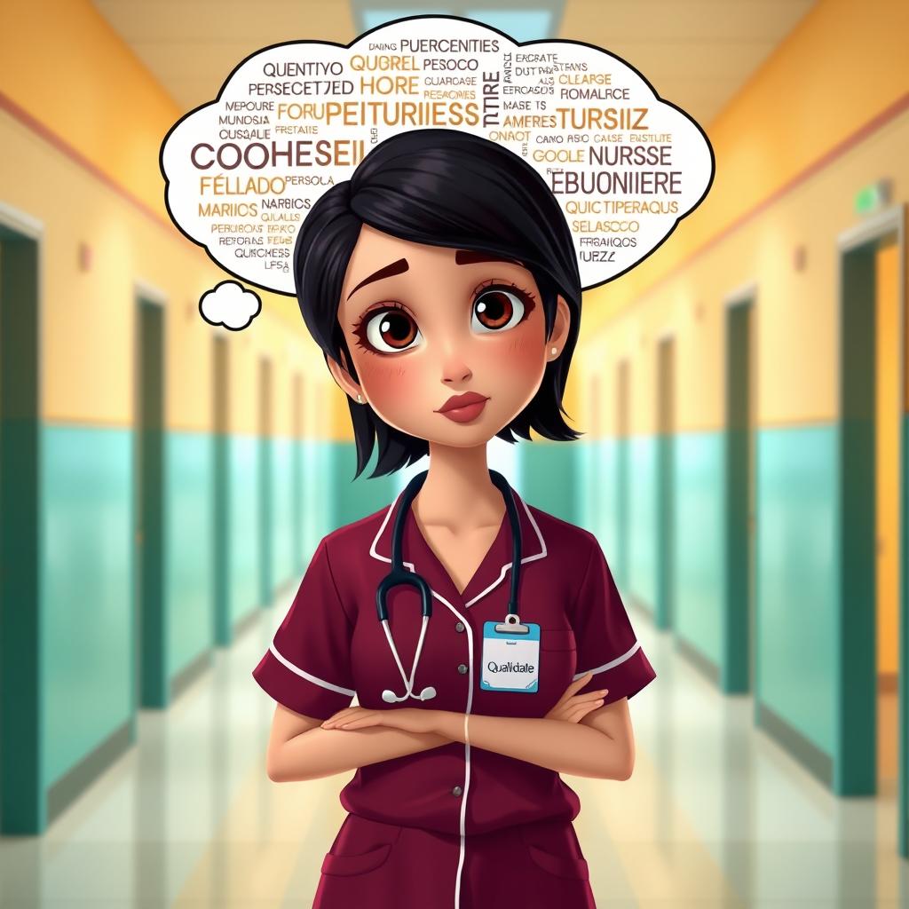 A Pixar-inspired cartoon image of a thoughtful nurse standing in a clinic hallway, with a badge that reads 'Qualidade'
