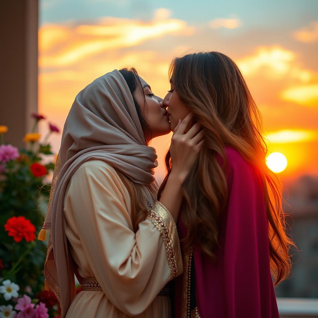 Two Arab women passionately sharing a kiss in a romantic setting, with a vibrant sunset in the background illuminating their features