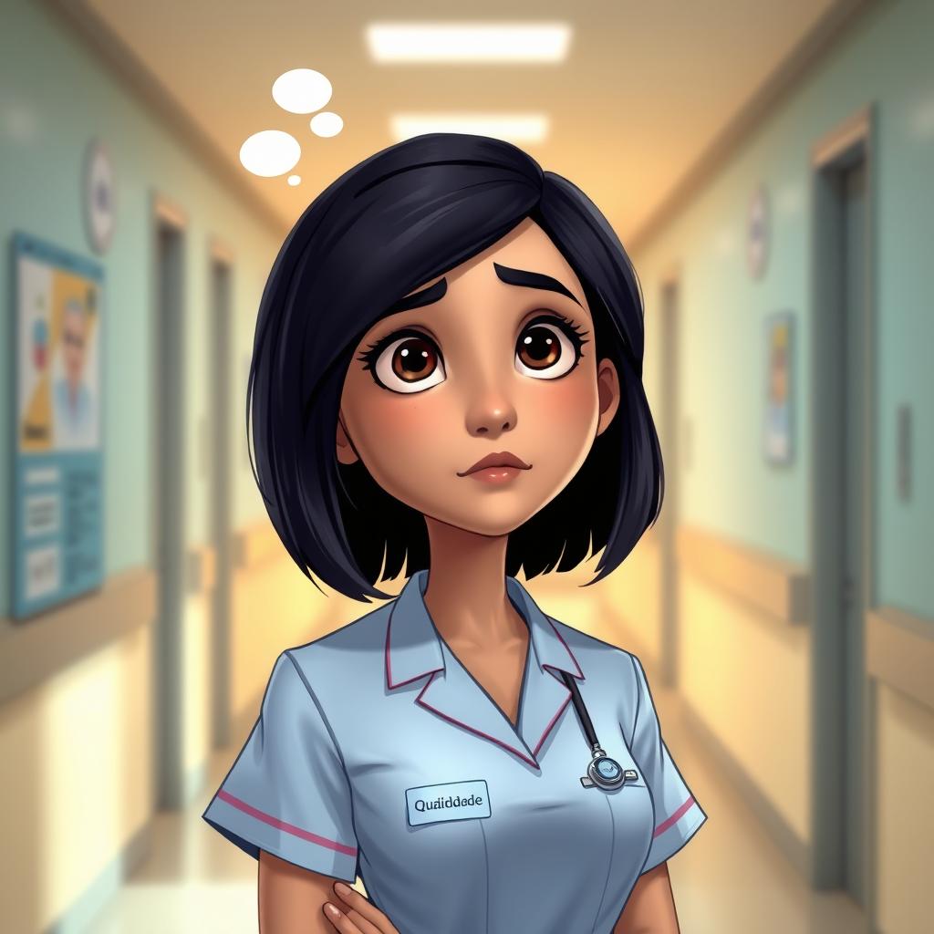 An inspired Pixar-style image of a nurse standing thoughtfully in a clinic corridor
