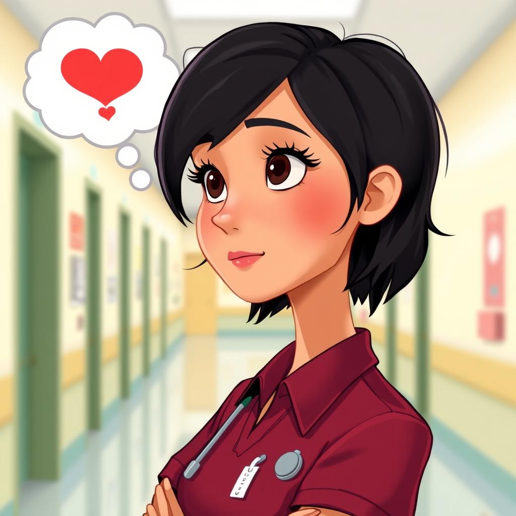 A Pixar-inspired illustration of a nurse with a thoughtful expression, deep in thought, depicted with a thought bubble showing her contemplation