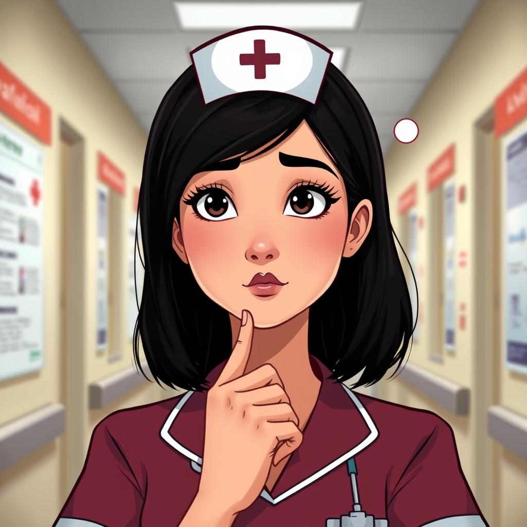 An inspired Pixar-style illustration of a nurse with a thoughtful expression and a thought bubble showing her contemplation