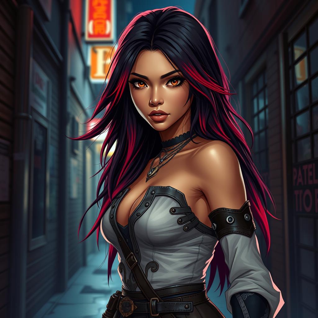 A charismatic Latina woman with mesmerizing brown eyes and long, flowing dark hair with vibrant red highlights