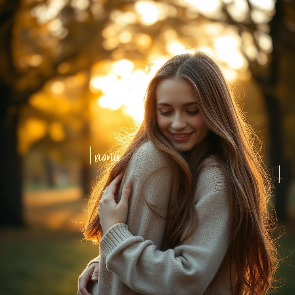 A romantic scene featuring a girl gently holding a person from behind, conveying a sense of closeness and intimacy