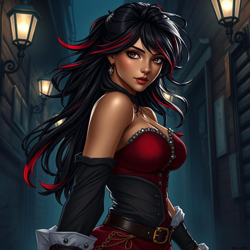 A charismatic Latina woman with mesmerizing brown eyes and long, flowing dark hair accented by vibrant red highlights