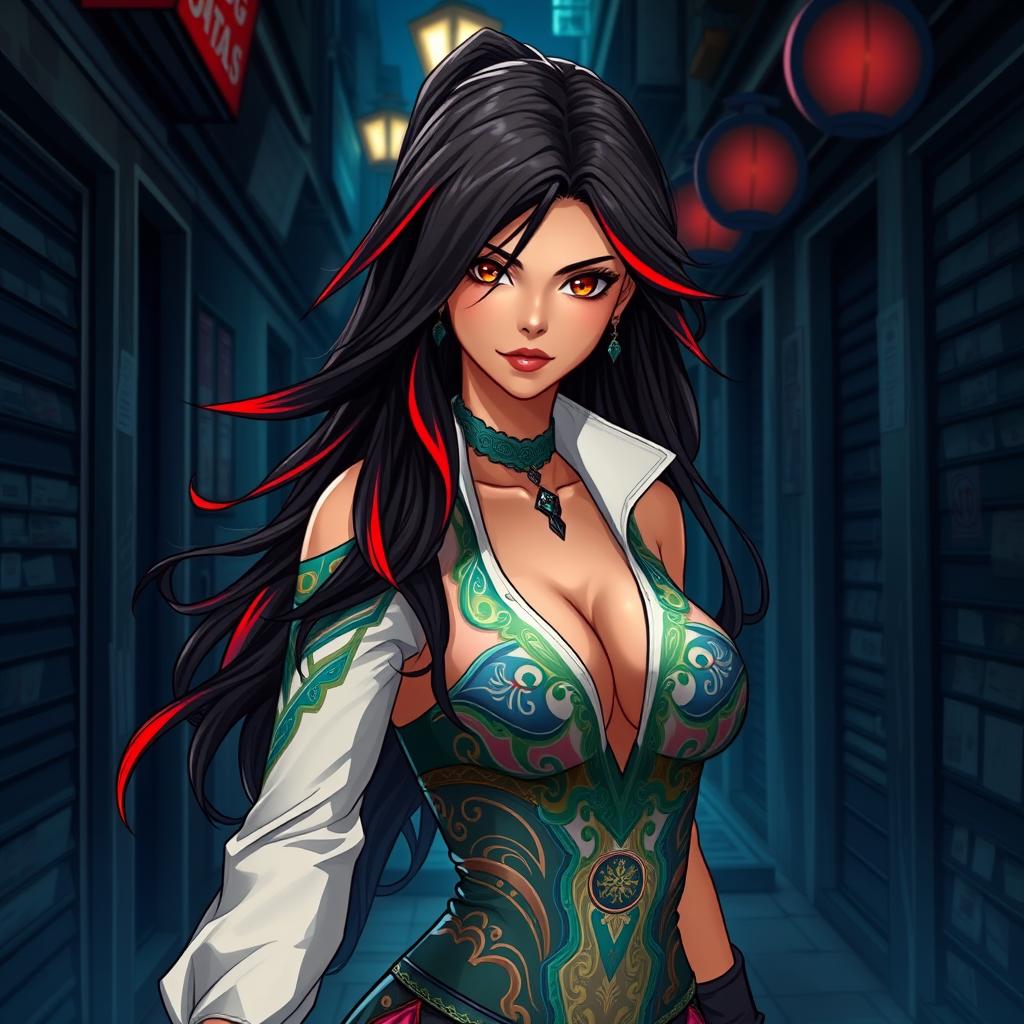 A charismatic Latina woman with mesmerizing brown eyes and long, flowing dark hair featuring vibrant red highlights