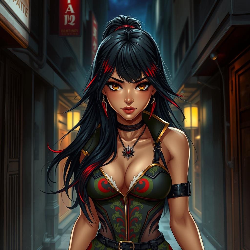 A charismatic Latina woman with mesmerizing brown eyes and long, flowing dark hair adorned with striking red highlights