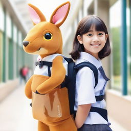 A young girl dressed in a school uniform with a kangaroo-shaped backpack, the front of the backpack is transparent. The background showcases a lively school environment.