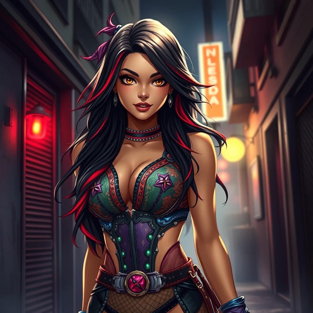 A charismatic Latina woman with mesmerizing brown eyes and long, flowing dark hair adorned with bright red highlights