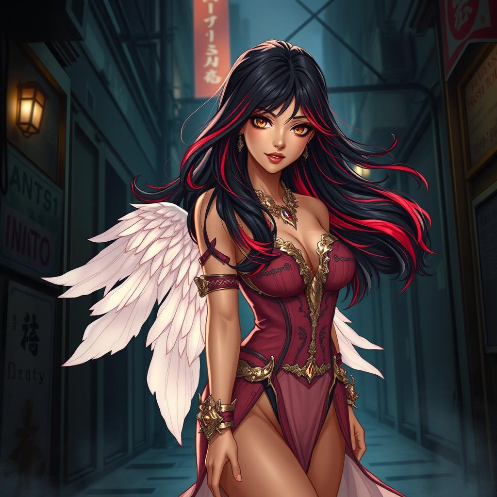 A charismatic Latina woman with mesmerizing brown eyes and long, flowing dark hair highlighted with vibrant red strands