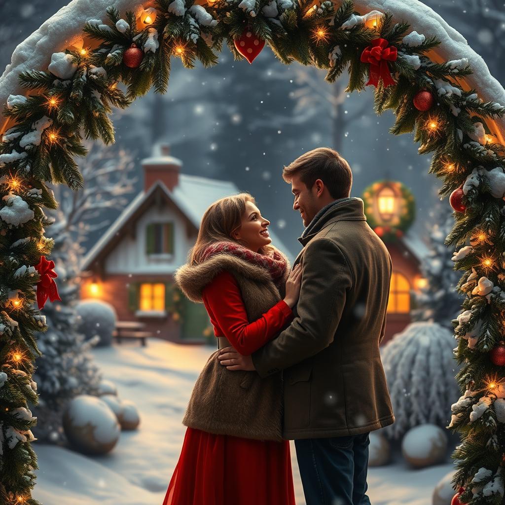 A cozy winter scene depicting a romantic moment during Christmas