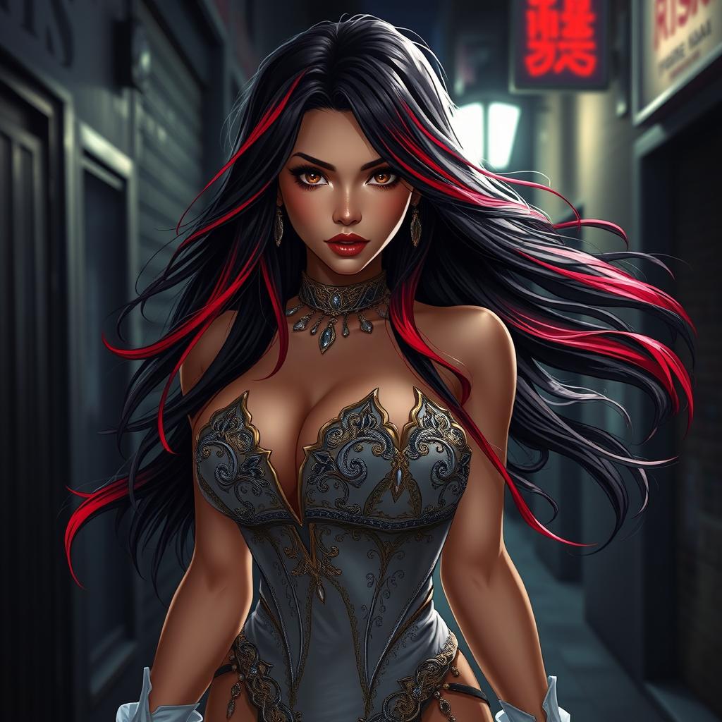 A charismatic Latina woman with mesmerizing brown eyes and long, flowing dark hair beautifully highlighted with vibrant red strands