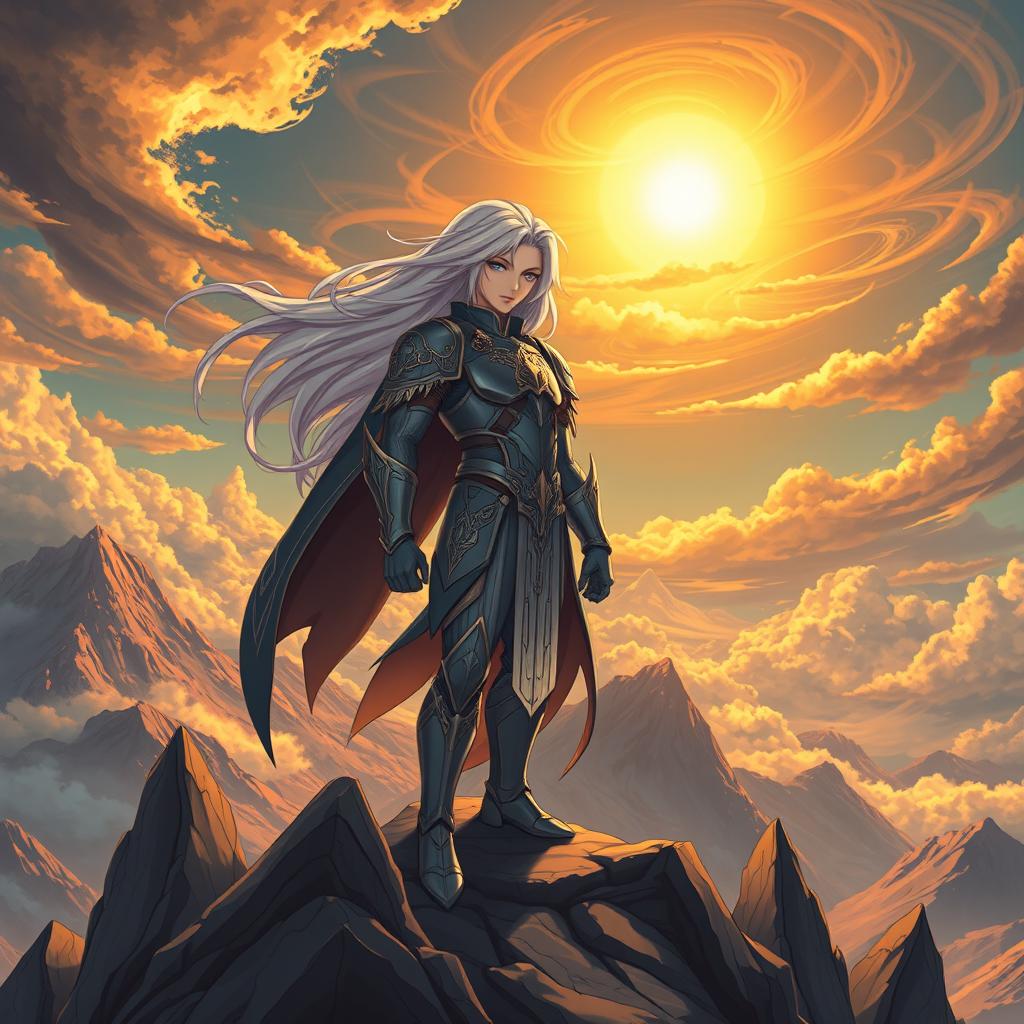 A stylized, ethereal figure resembling Griffith from a fantasy epic, with flowing silver hair and piercing blue eyes, dressed in elegant armor adorned with intricate details