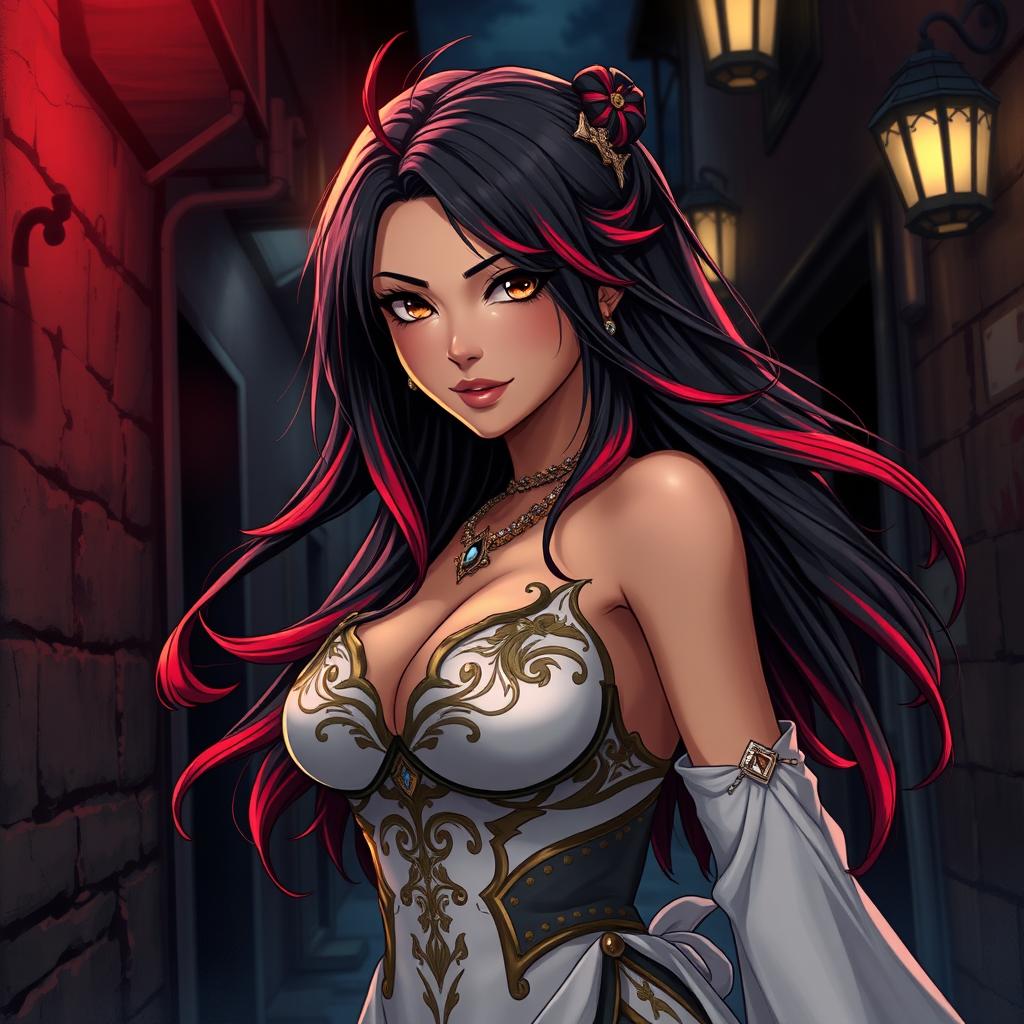 A charismatic Latina woman with mesmerizing brown eyes and long, flowing dark hair featuring striking red highlights