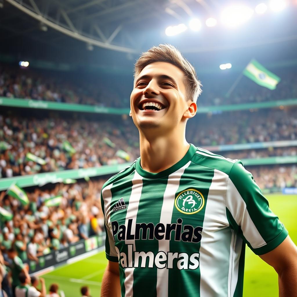 A person wearing a Palmeiras jersey proudly, standing in a vibrant football stadium filled with cheering fans