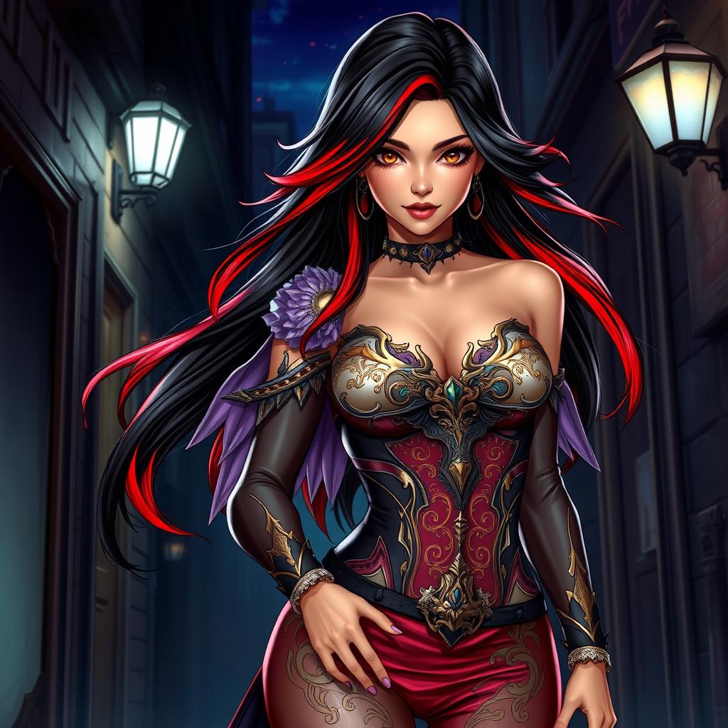 A charismatic Latina woman with mesmerizing brown eyes and long, flowing dark hair featuring striking red highlights