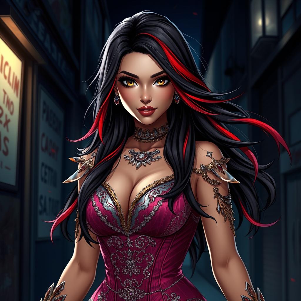 A charismatic Latina woman with mesmerizing brown eyes and long, flowing dark hair interspersed with vibrant red highlights, radiating confidence