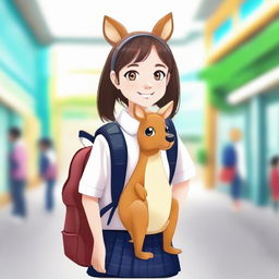 A young girl dressed in a school uniform with a kangaroo-shaped backpack, the front of the backpack is transparent. The background showcases a lively school environment.