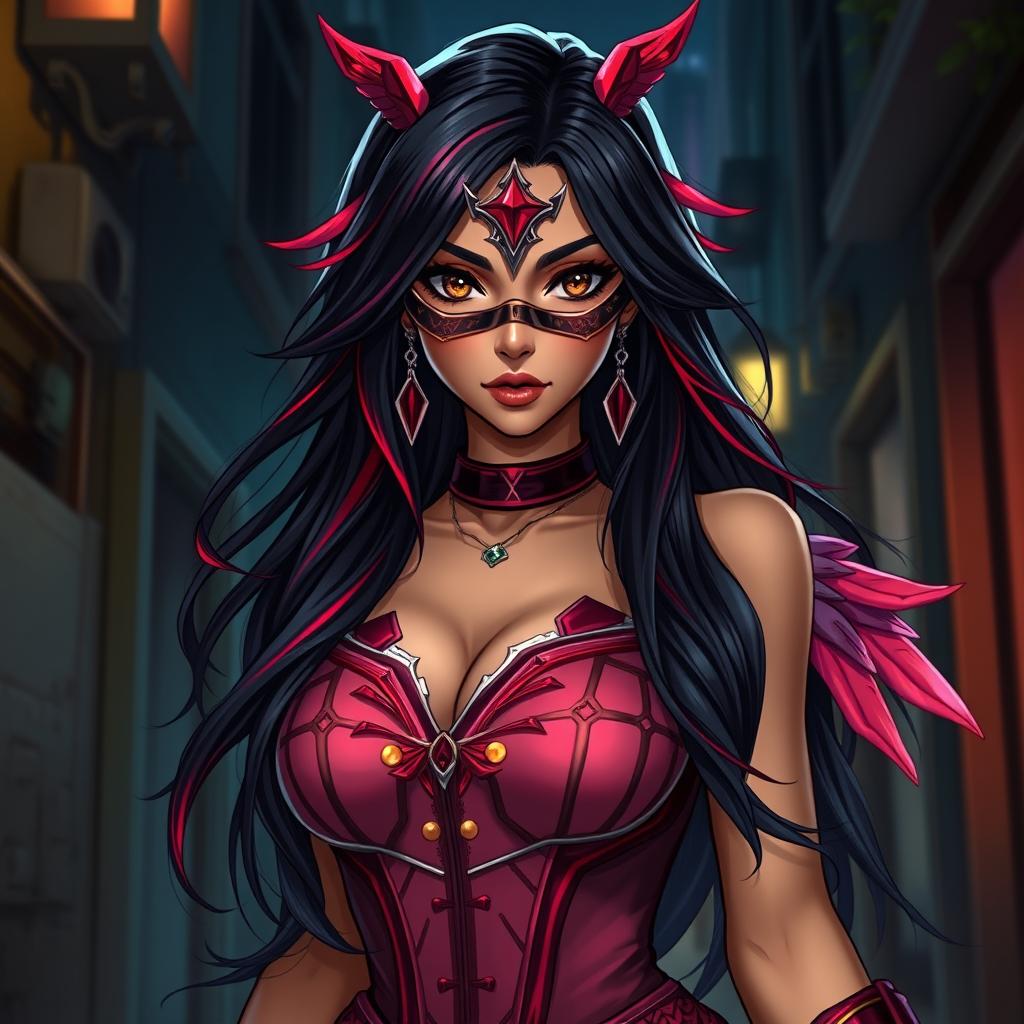 A charismatic Latina woman with mesmerizing brown eyes and long, flowing dark hair adorned with vibrant red highlights, exuding a captivating aura