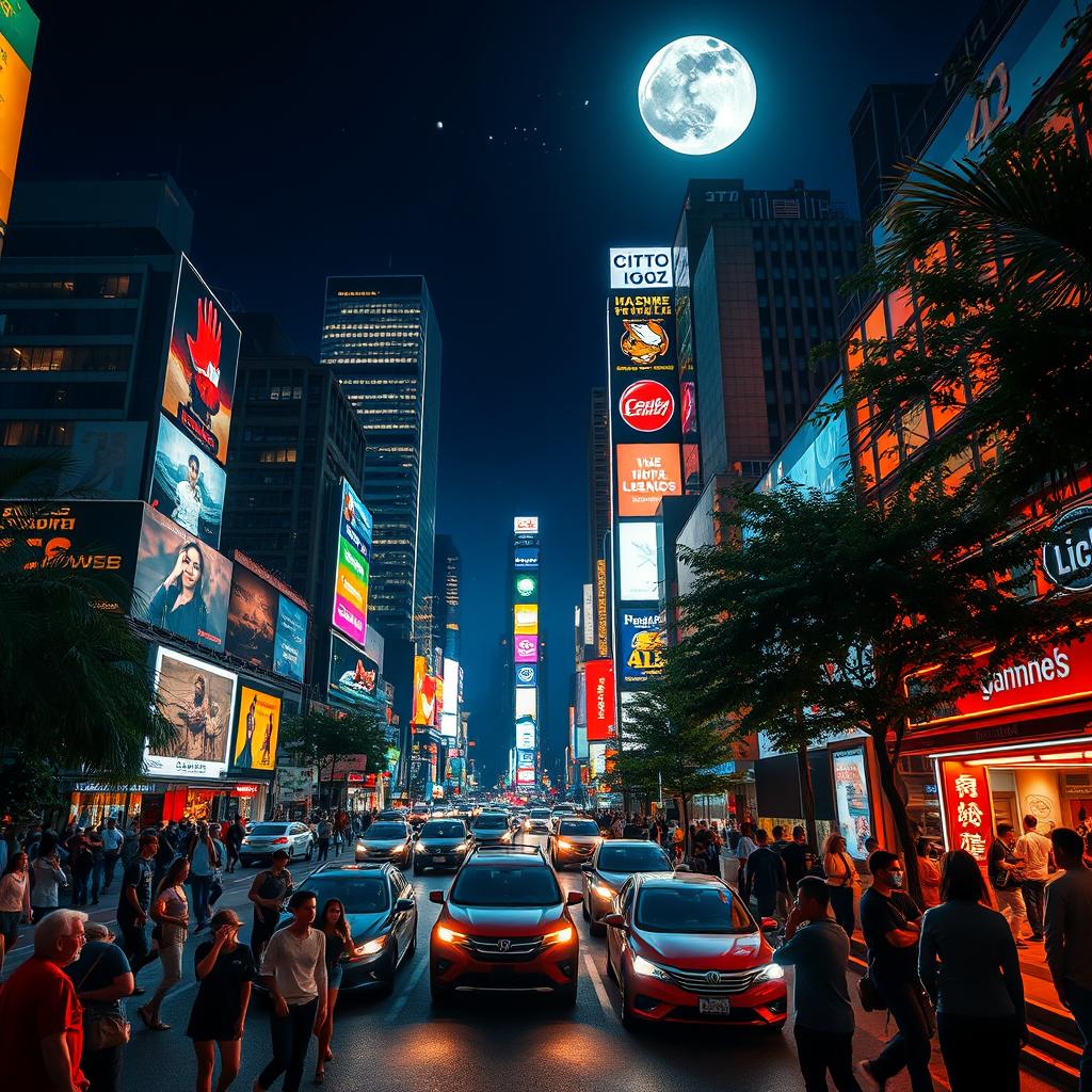 A vibrant, bustling scene of a nighttime city, filled with glowing skyscrapers, neon lights, and bustling streets