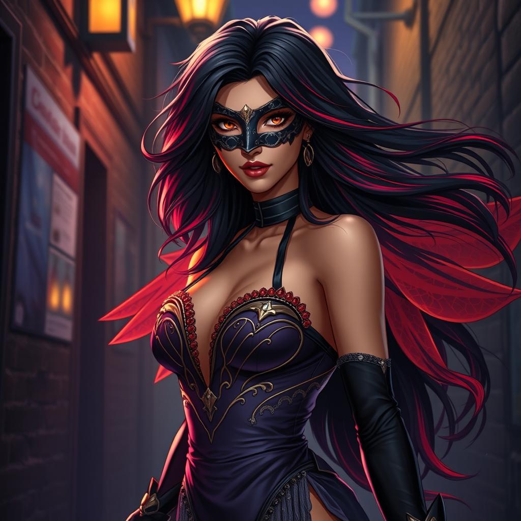 A charismatic Latina woman with captivating brown eyes and long flowing dark hair that features striking red highlights