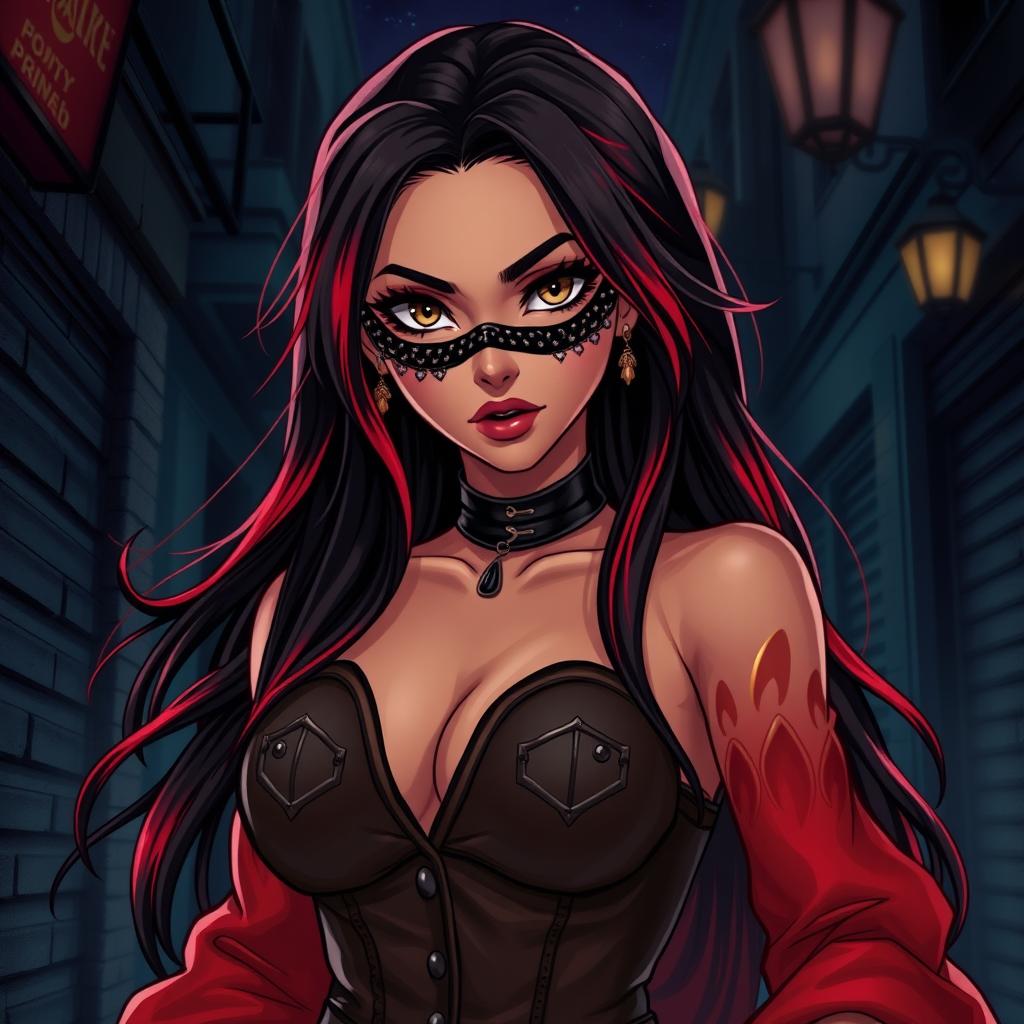 A charismatic Latina woman with mesmerizing brown eyes and long, flowing dark hair featuring striking red highlights