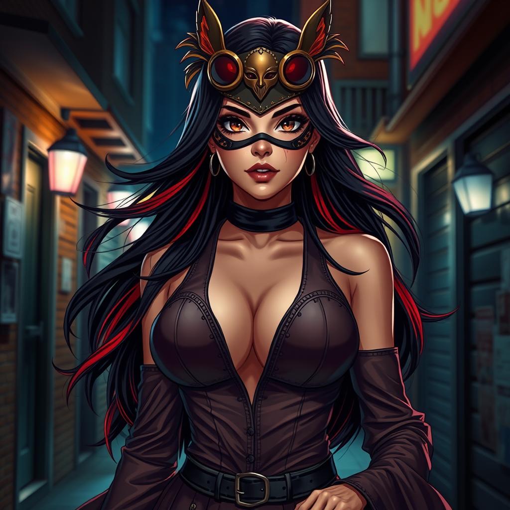 A charismatic Latina woman with mesmerizing brown eyes and long, flowing dark hair accentuated with striking red highlights
