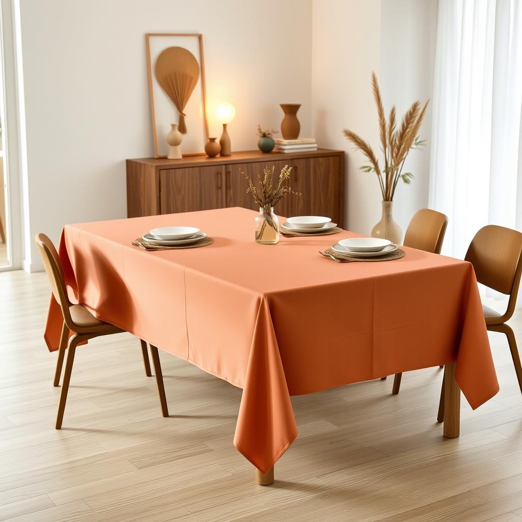 A cozy and inviting dining room in a minimalist Latino-inspired home, featuring a smooth, solid-colored tablecloth (mantel) perfectly tailored to fit a sleek wooden table