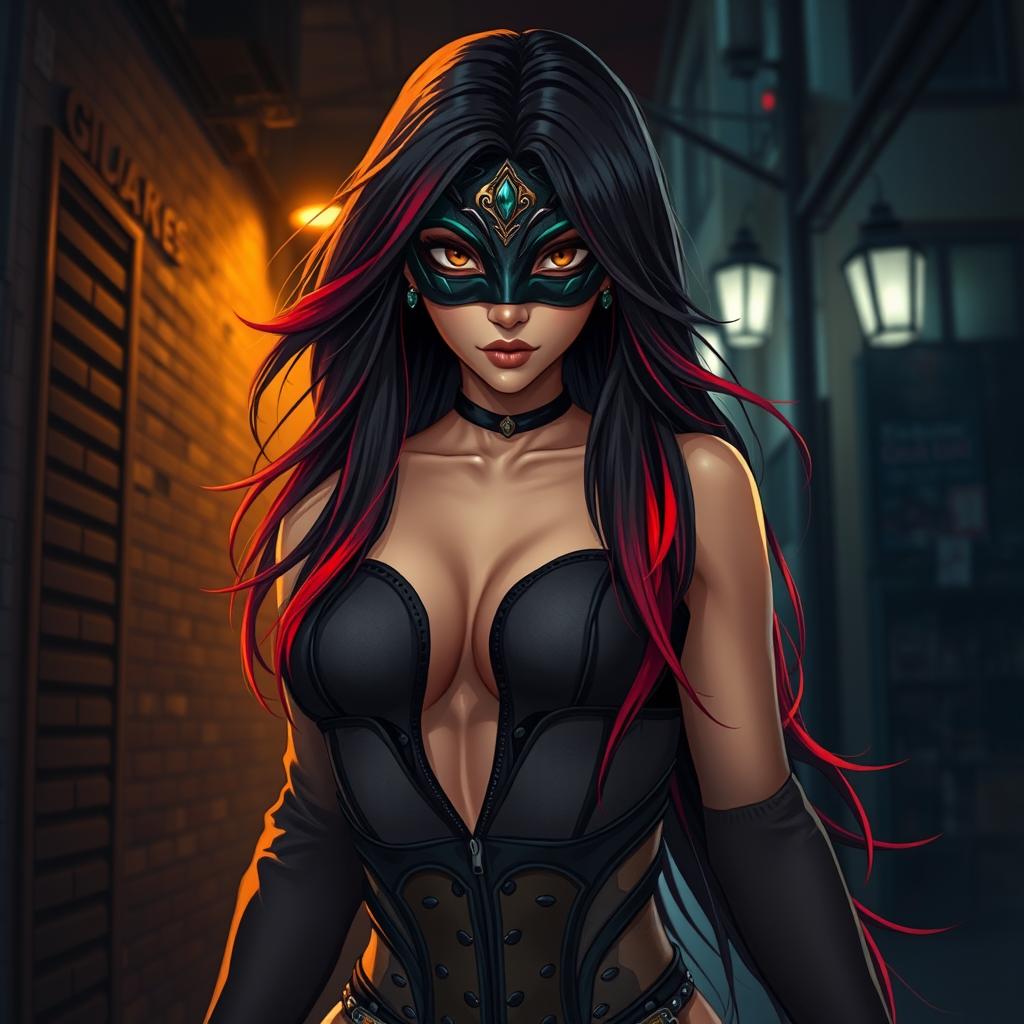 A charismatic Latina woman with mesmerizing brown eyes and long, flowing dark hair adorned with vibrant red highlights