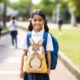 A young girl dressed in a school uniform with a kangaroo-shaped backpack, the front of the backpack is transparent. The background showcases a lively school environment.