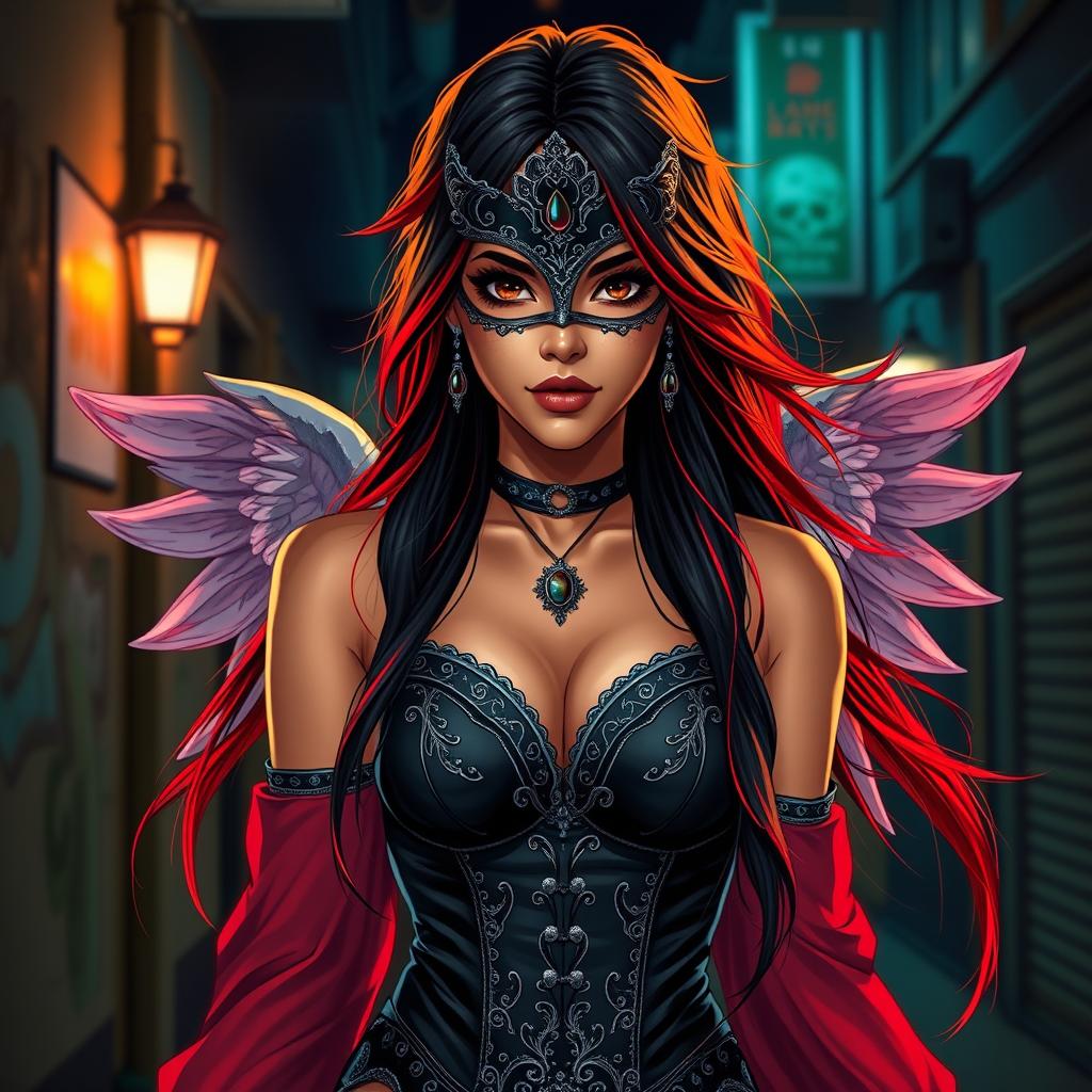 A charismatic Latina woman with mesmerizing brown eyes and long, flowing dark hair enhanced with vibrant red highlights