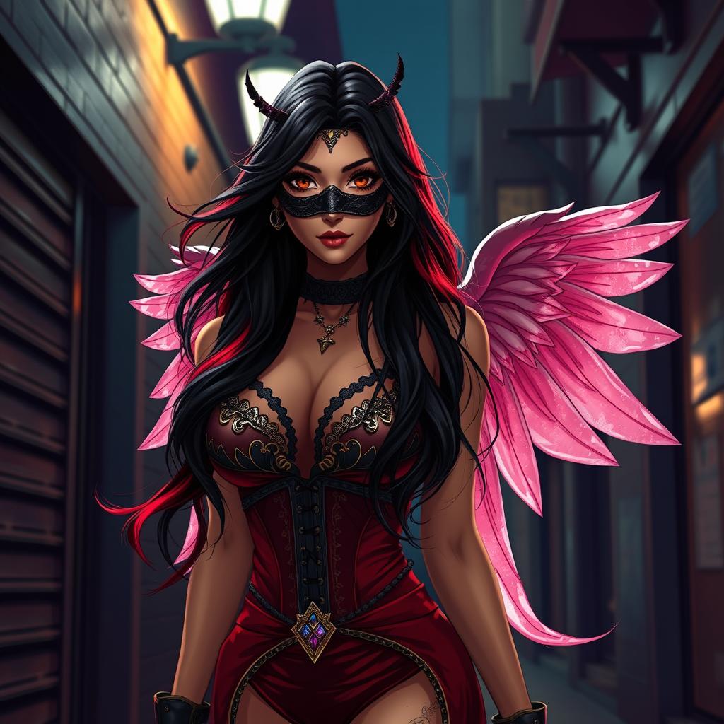 A charismatic Latina woman with mesmerizing brown eyes and long, flowing dark hair that features vibrant red highlights
