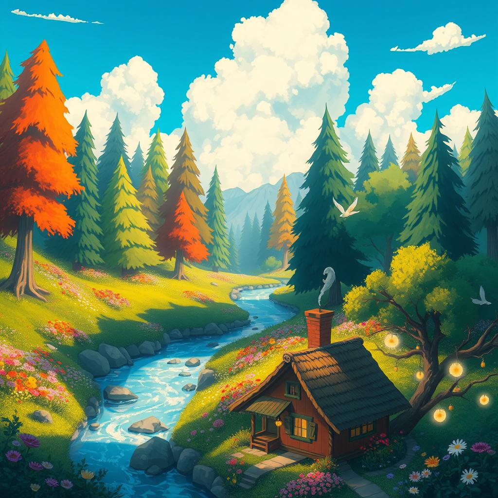 A whimsical landscape inspired by Studio Ghibli, featuring a vibrant, lush forest with tall, majestic trees and colorful wildflowers