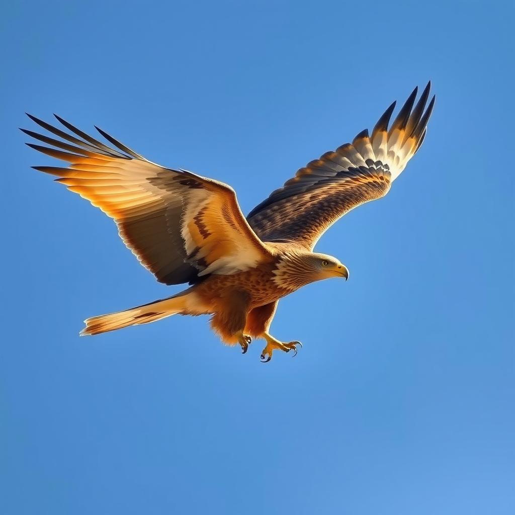 A majestic golden eagle soaring majestically through a clear blue sky, its wings spread wide showcasing the intricate patterns of its feathers
