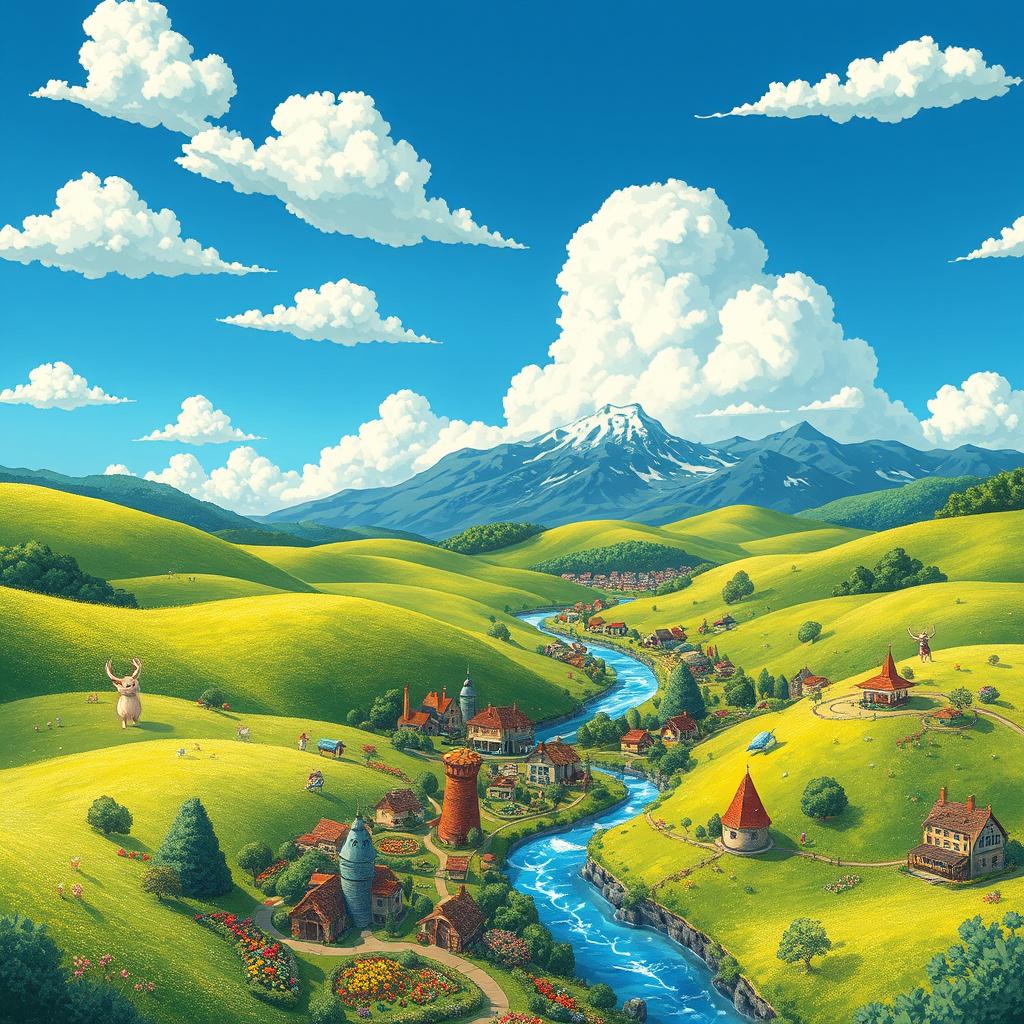A whimsical landscape inspired by Ghibli films, featuring rolling green hills under a bright blue sky with fluffy white clouds