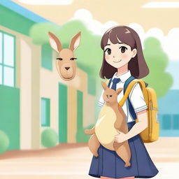 A young girl dressed in a school uniform with a kangaroo-shaped backpack, the front of the backpack is transparent. The background showcases a lively school environment.