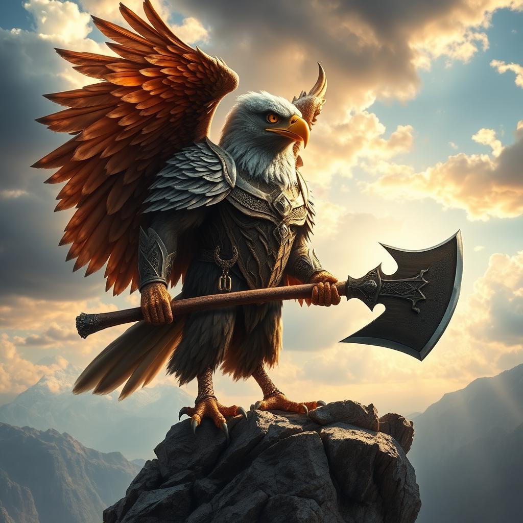 A majestic eagle warrior standing proudly on a rocky cliff, adorned in intricate feathered armor that shimmers in the sunlight