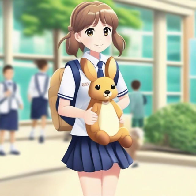 A schoolgirl wearing a uniform and carrying a kangaroo-shaped backpack with a transparent front, set against a school environment.