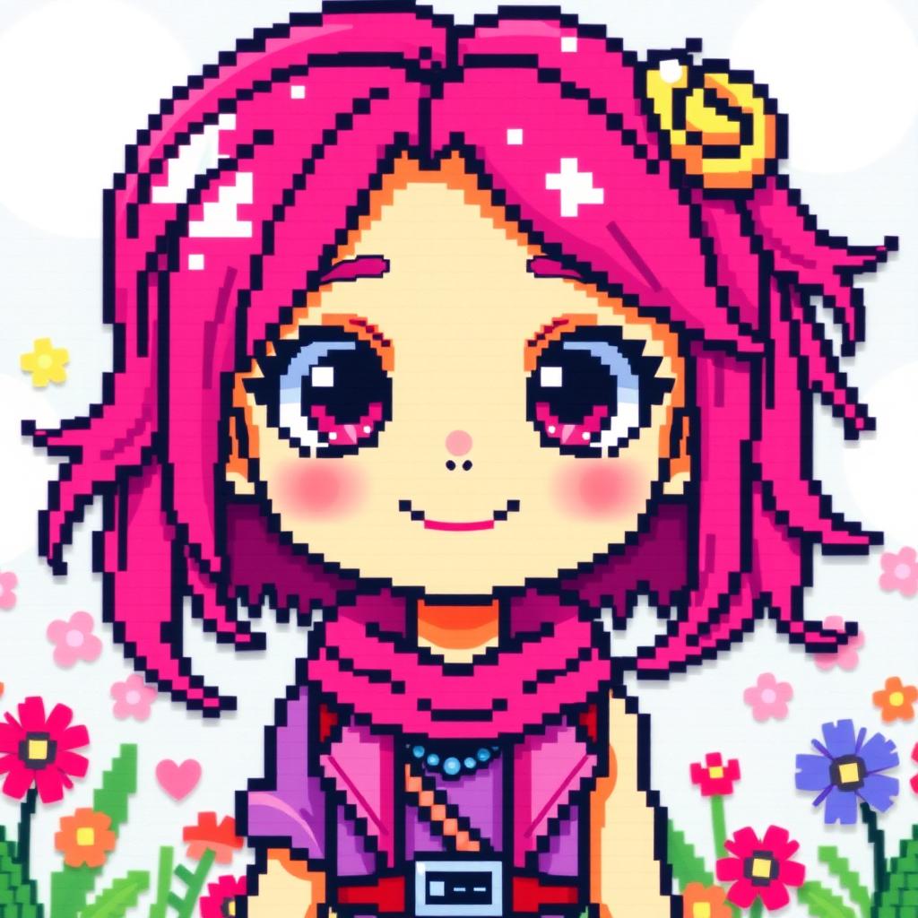 A beautifully crafted pixel art representation of a girl with vibrant pink hair