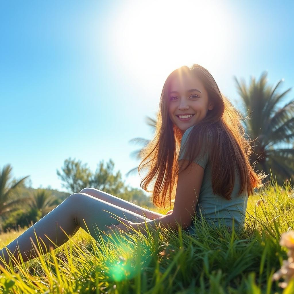 A peaceful and serene scene depicting an individual sitting on a grassy hill under a clear blue sky, with gently swaying trees in the background
