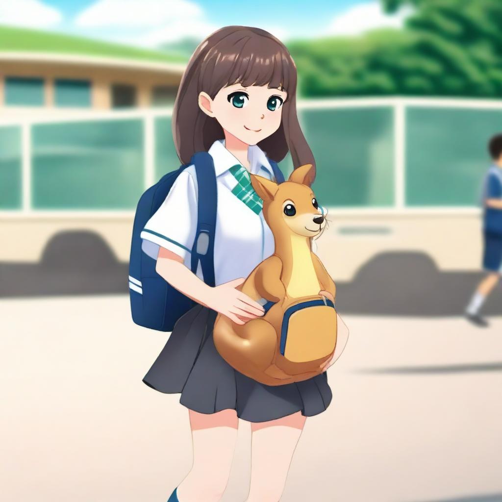 A schoolgirl wearing a uniform and carrying a kangaroo-shaped backpack with a transparent front, set against a school environment.