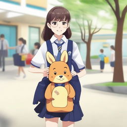 A schoolgirl wearing a uniform and carrying a kangaroo-shaped backpack with a transparent front, set against a school environment.