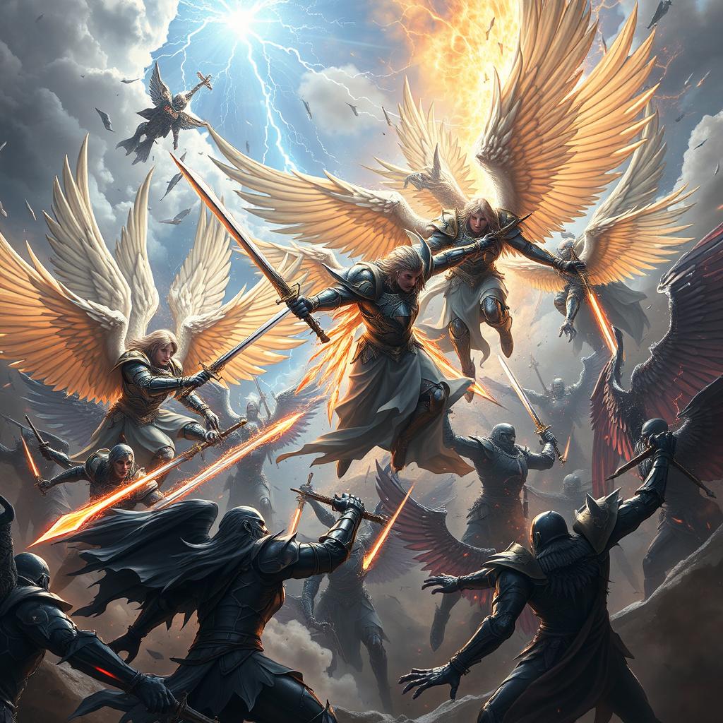 A titanic battle in the heavens, featuring armored angels wielding radiant swords clashing with dark, fallen warriors
