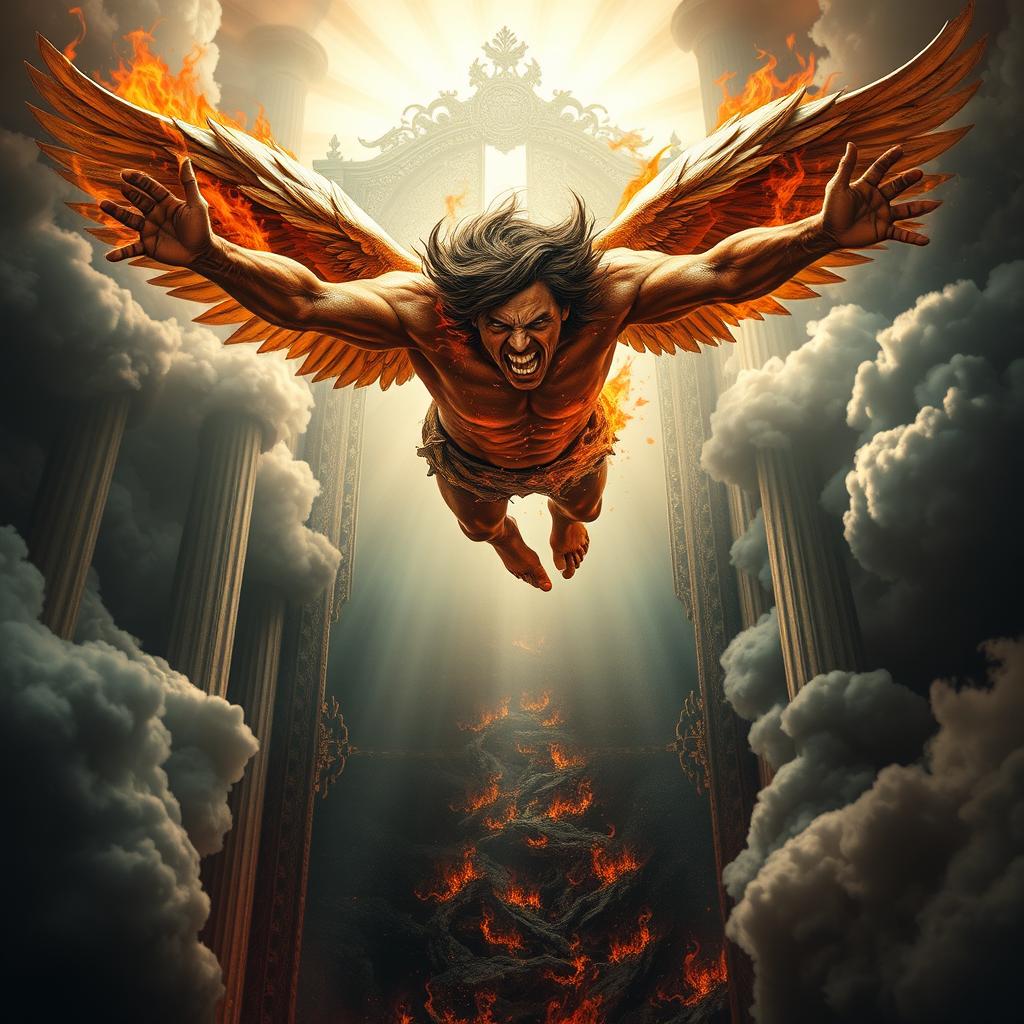 A magnificent yet fallen angel, with wings scorched and body engulfed in flames, is dramatically plummeting from the divine realm