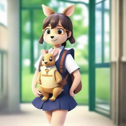 A schoolgirl wearing a uniform and carrying a kangaroo-shaped backpack with a transparent front, set against a school environment.