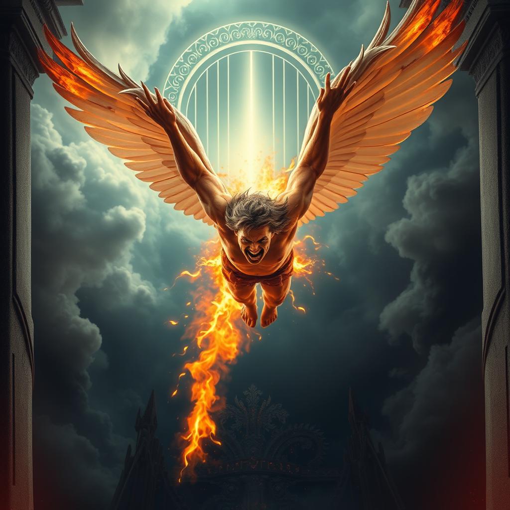 A magnificent yet fallen angel, with wings scorched and his body engulfed in flames, is dramatically plummeting from the divine realm