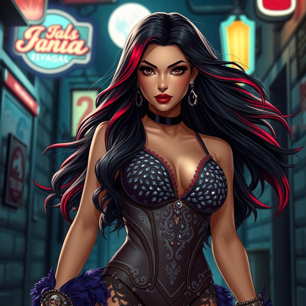 A charismatic Latina woman with mesmerizing brown eyes and long flowing dark hair featuring vibrant red highlights, her slight tan complexion catching the glint of the moonlight