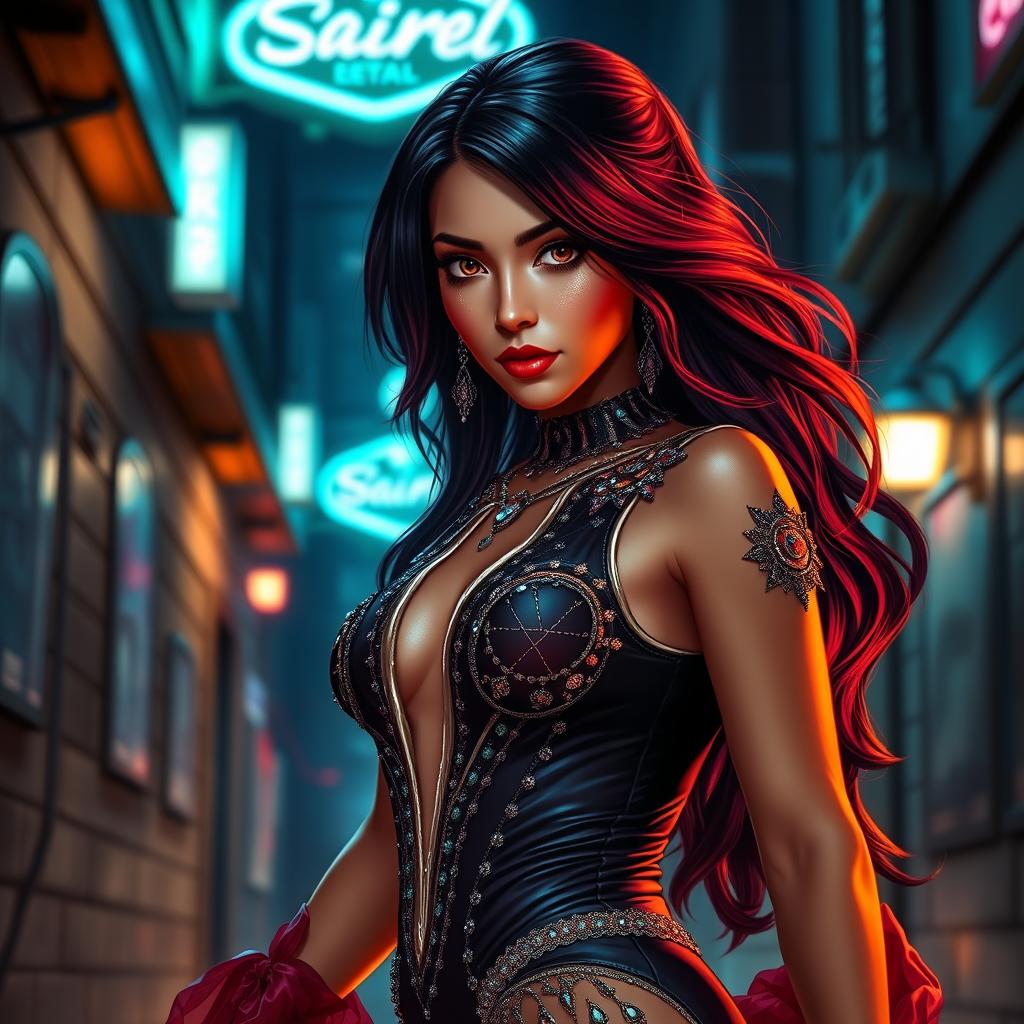 A charismatic Latina woman with mesmerizing brown eyes and long flowing dark hair featuring vibrant red highlights, her slight tan complexion illuminated against the night
